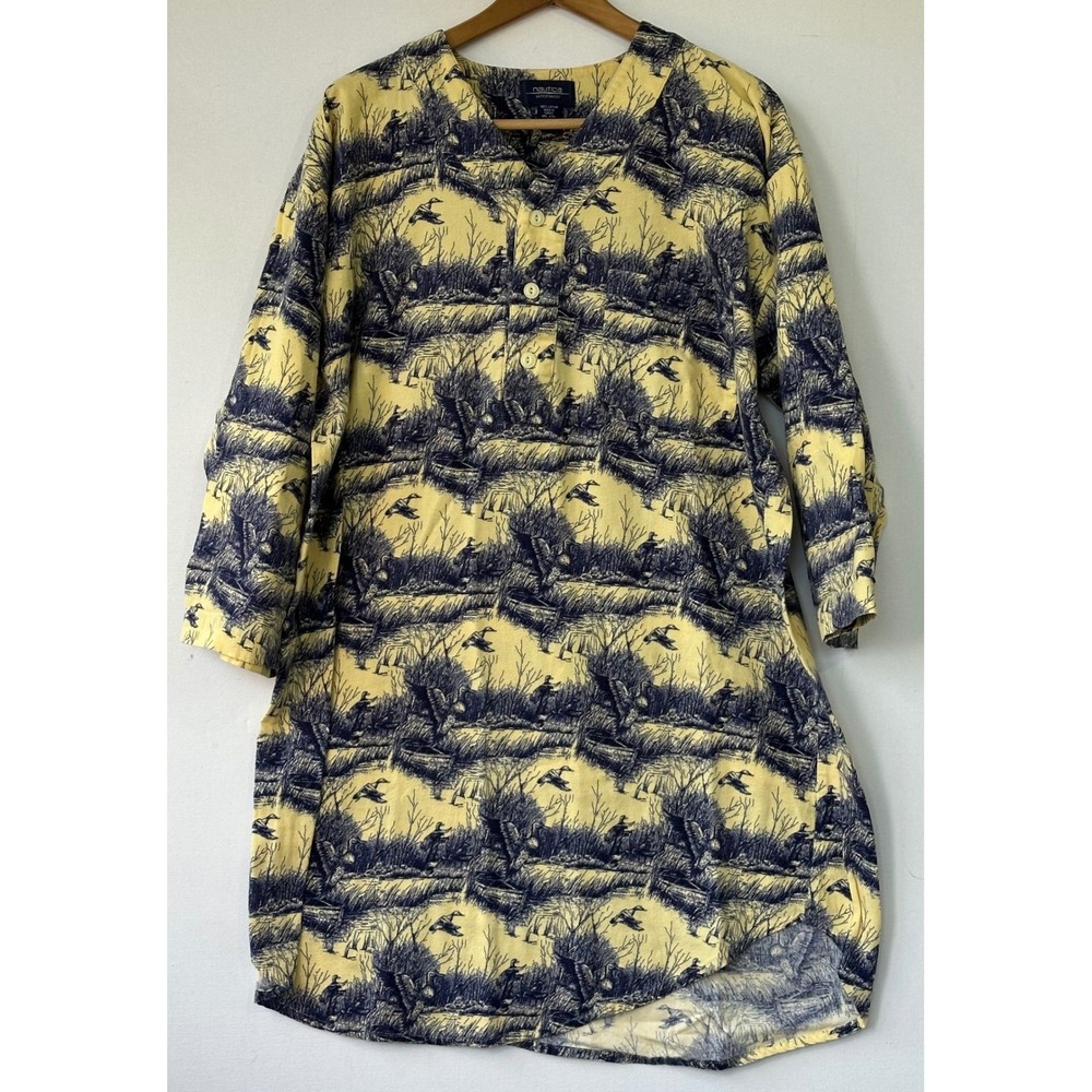 Nautica Sleep Shirt Nightgown Duck Hunting Toile Henley XL Yellow Blue Excellent